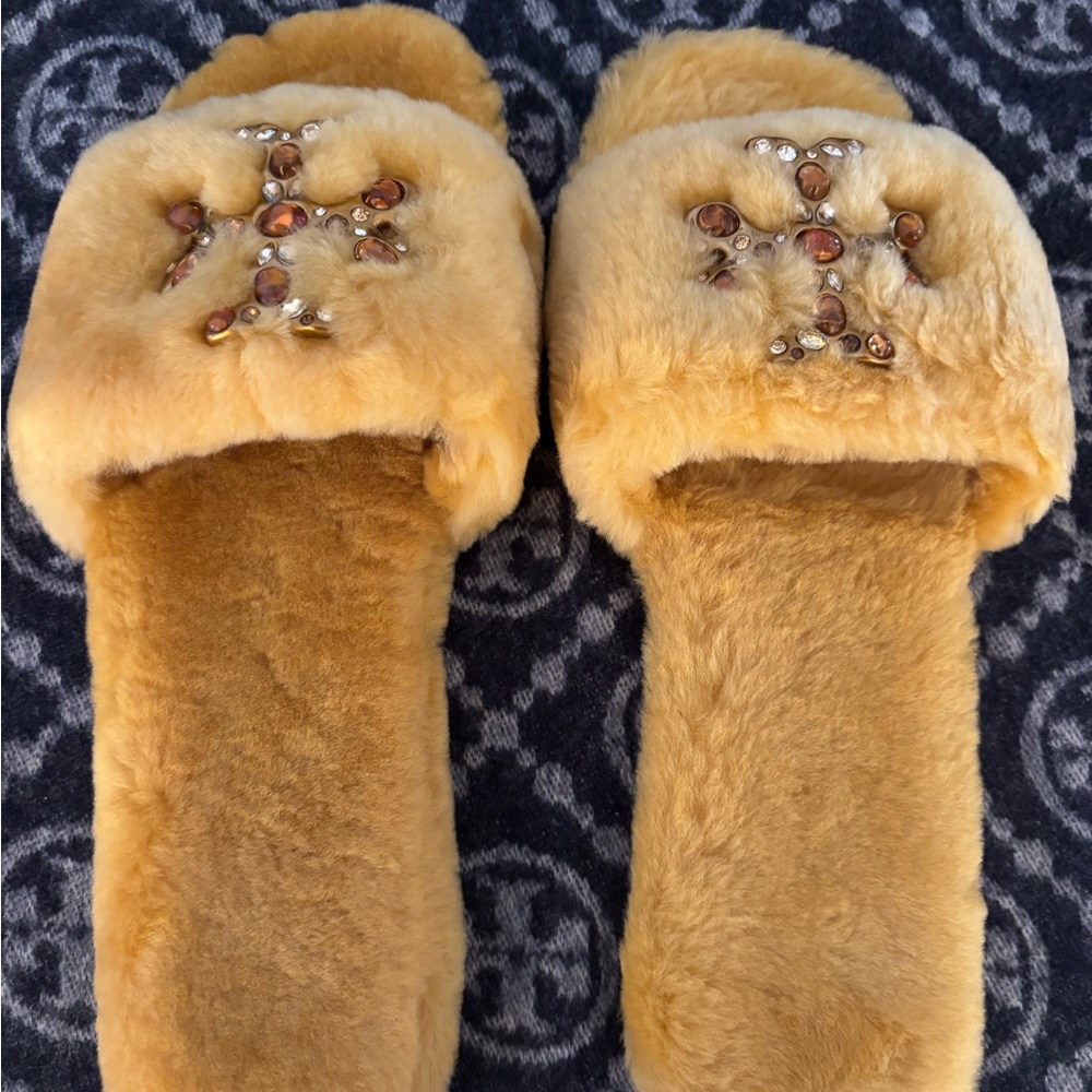 Tory Burch Gold Fur Slippers